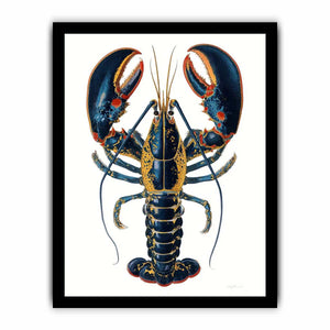 Blue and gold lobster illustration print for coastal kitchen and dining room decor.