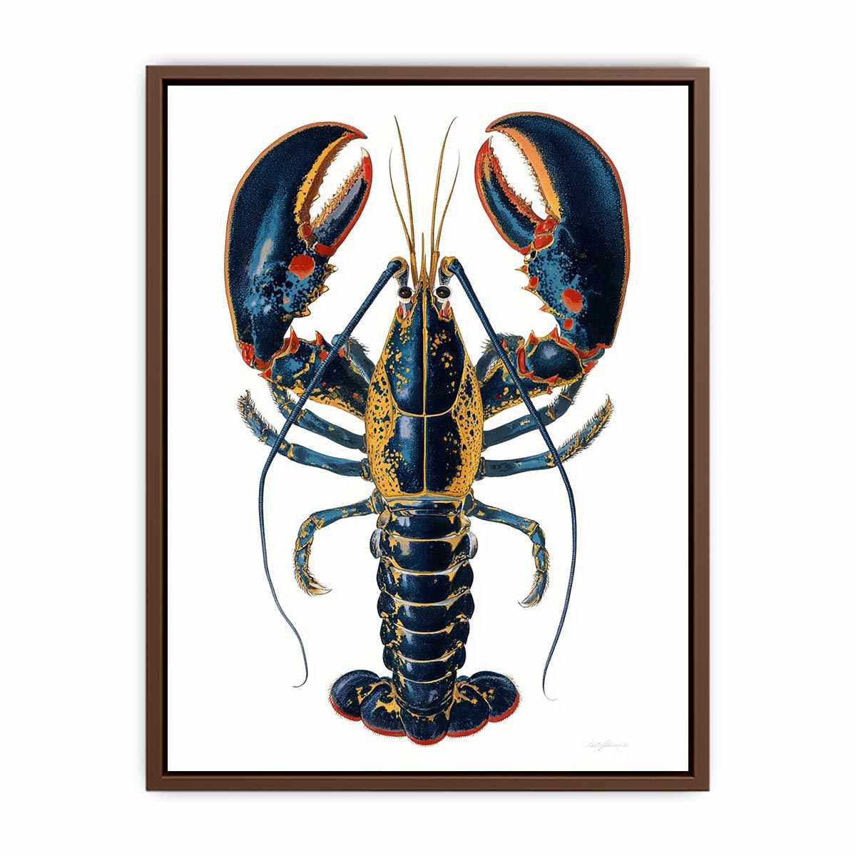 Blue and gold lobster illustration print for coastal kitchen and dining room decor.