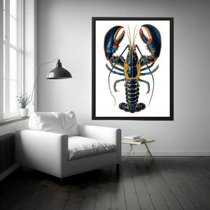 Blue and gold lobster illustration print for coastal kitchen and dining room decor.
