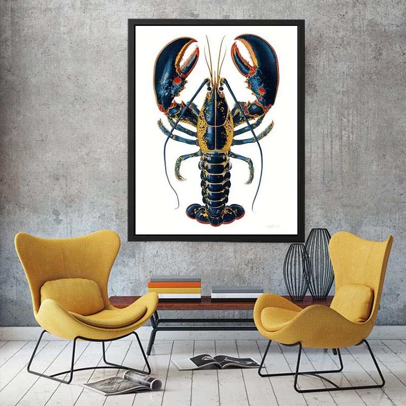 Blue and gold lobster illustration print for coastal kitchen and dining room decor.