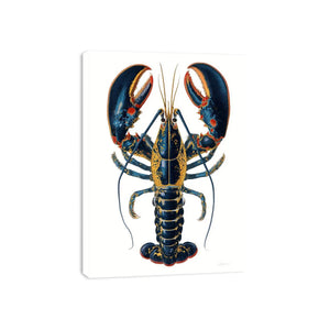 Blue and gold lobster illustration print for coastal kitchen and dining room decor.