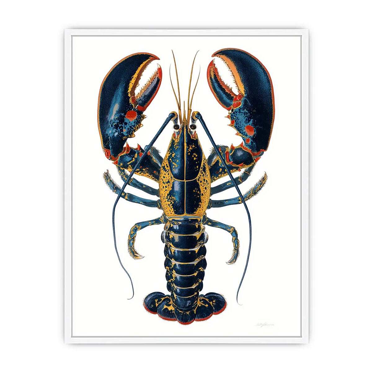 Blue and gold lobster illustration print for coastal kitchen and dining room decor.