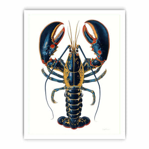 Blue and gold lobster illustration print for coastal kitchen and dining room decor.