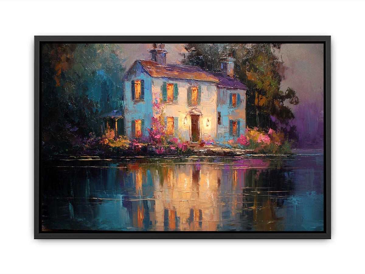 Lakeside cottage canvas art with glowing windows for cozy living room decor.