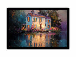 Lakeside cottage canvas art with glowing windows for cozy living room decor.