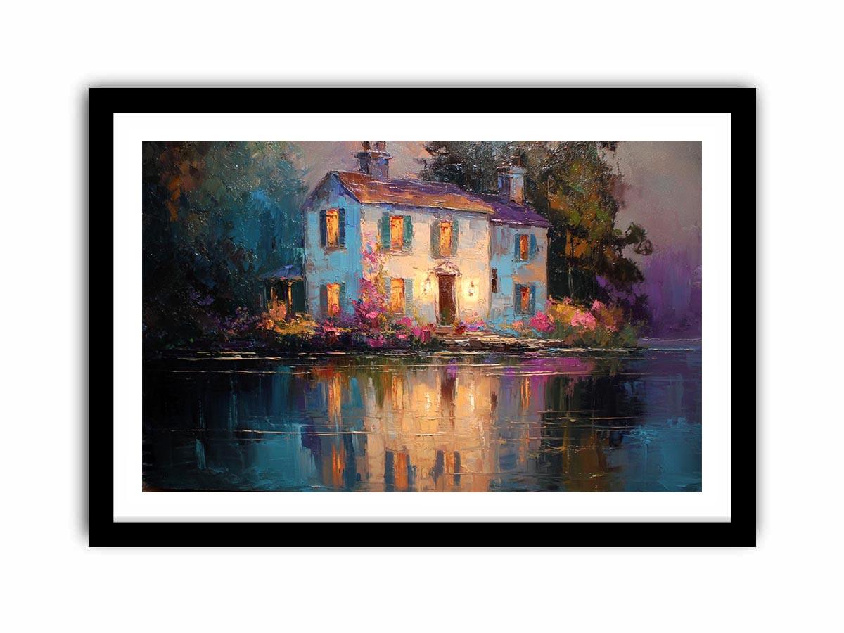 Lakeside cottage canvas art with glowing windows for cozy living room decor.