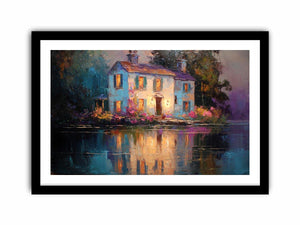 Lakeside cottage canvas art with glowing windows for cozy living room decor.