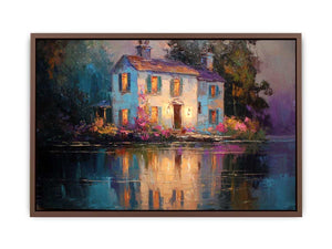 Lakeside cottage canvas art with glowing windows for cozy living room decor.