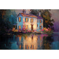 Lakeside cottage canvas art with glowing windows for cozy living room decor.