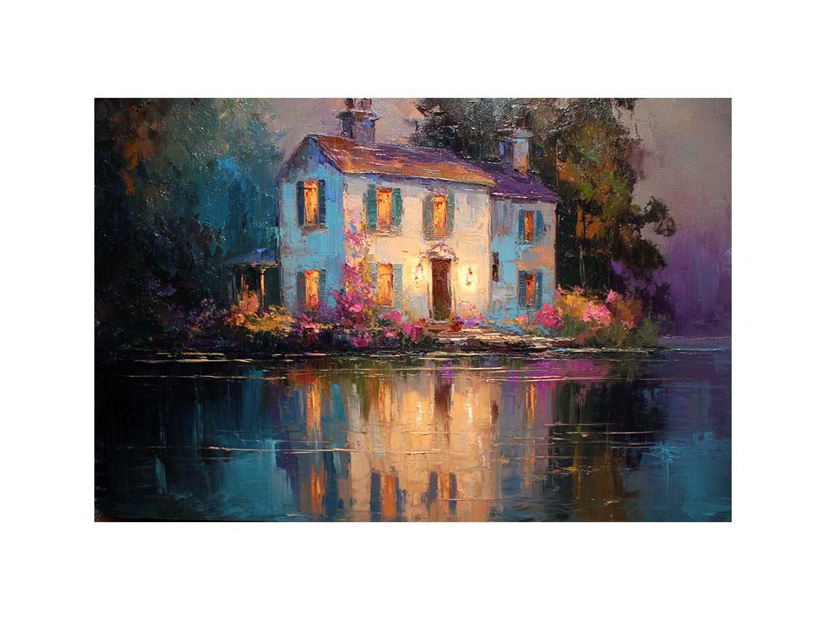 Lakeside cottage canvas art with glowing windows for cozy living room decor.