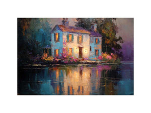 Lakeside cottage canvas art with glowing windows for cozy living room decor.