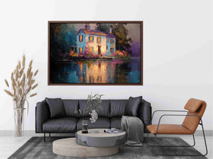 Lakeside cottage canvas art with glowing windows for cozy living room decor.
