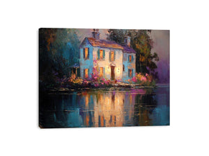Lakeside cottage canvas art with glowing windows for cozy living room decor.