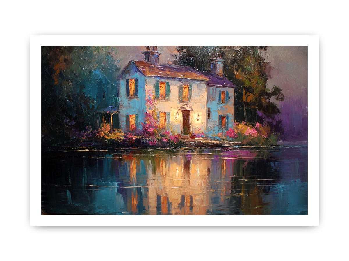 Lakeside cottage canvas art with glowing windows for cozy living room decor.