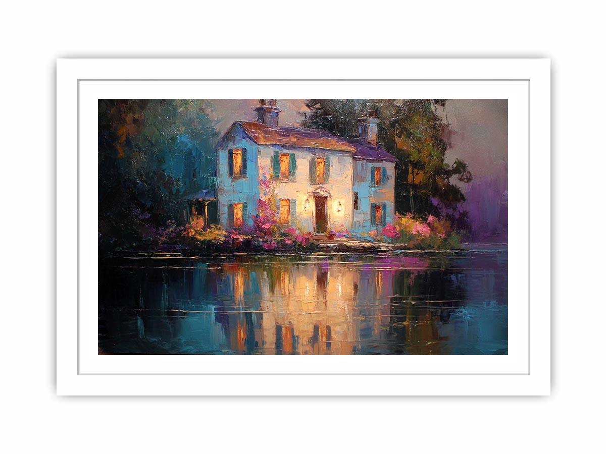 Lakeside cottage canvas art with glowing windows for cozy living room decor.
