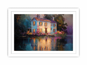 Lakeside cottage canvas art with glowing windows for cozy living room decor.