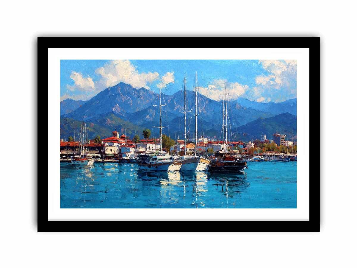 Coastal marina canvas art with sailboats and blue mountains for living room decor.
