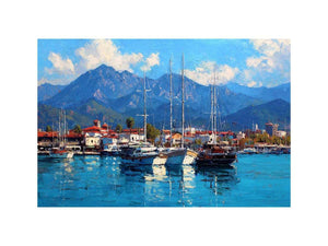Coastal marina canvas art with sailboats and blue mountains for living room decor.