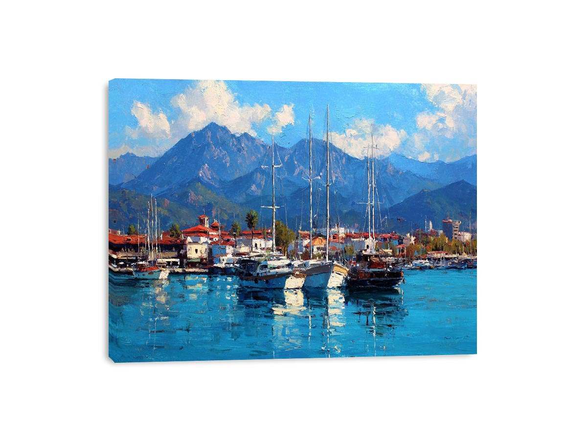 Coastal marina canvas art with sailboats and blue mountains for living room decor.