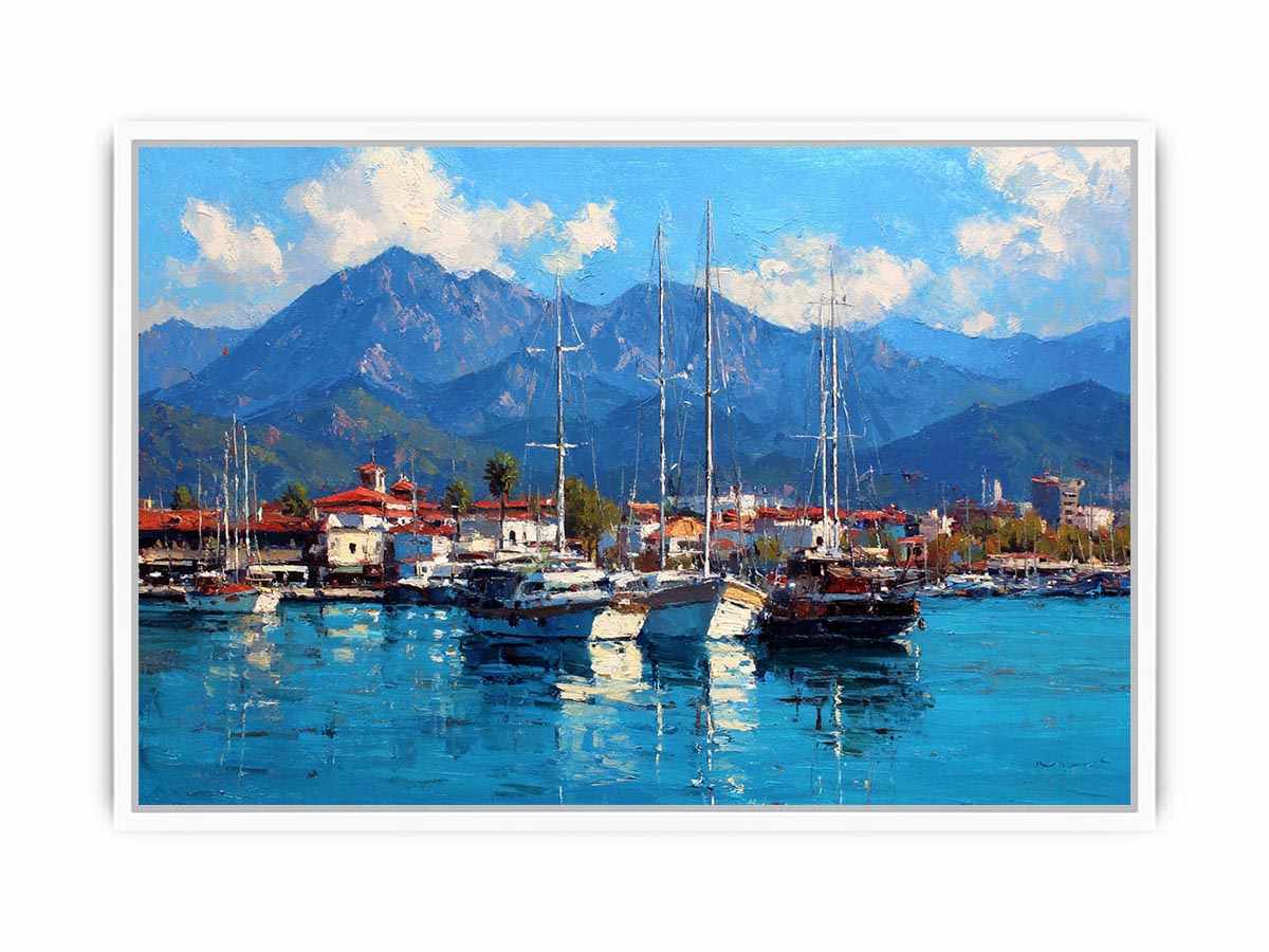 Coastal marina canvas art with sailboats and blue mountains for living room decor.