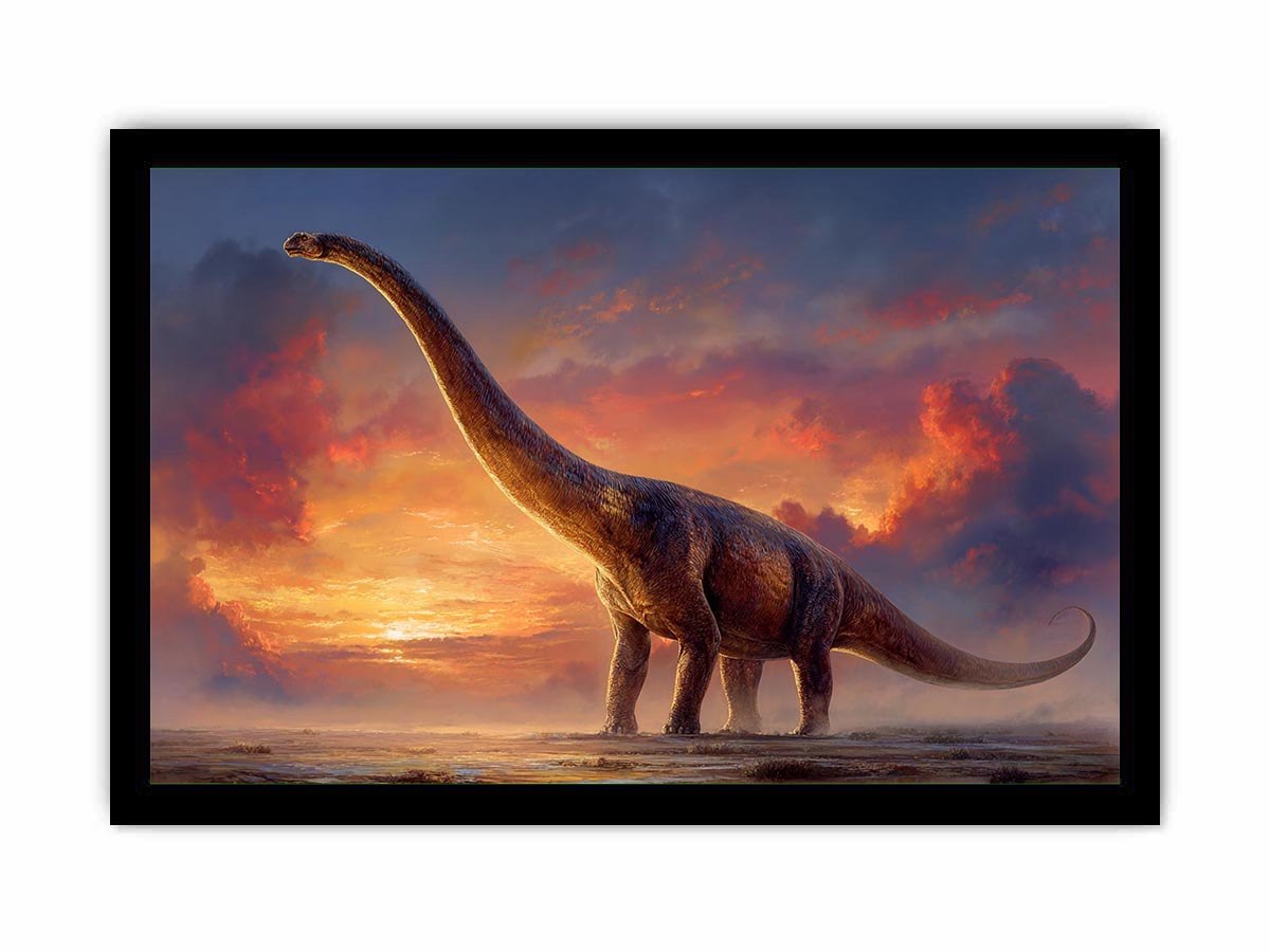 Dinosaur sunset canvas art with dramatic sky for kids room or office decor.