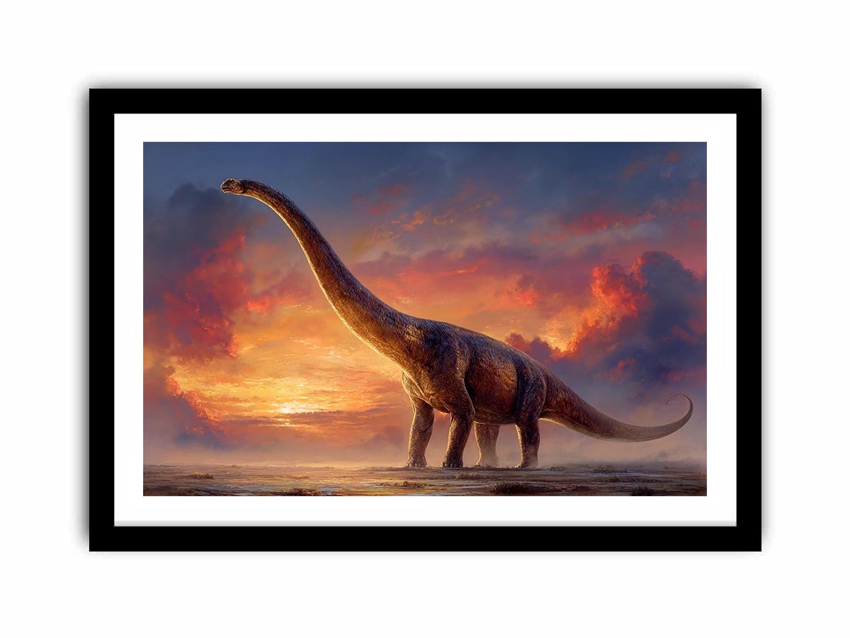 Dinosaur sunset canvas art with dramatic sky for kids room or office decor.