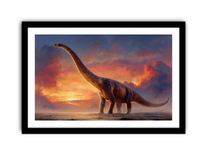 Dinosaur sunset canvas art with dramatic sky for kids room or office decor.