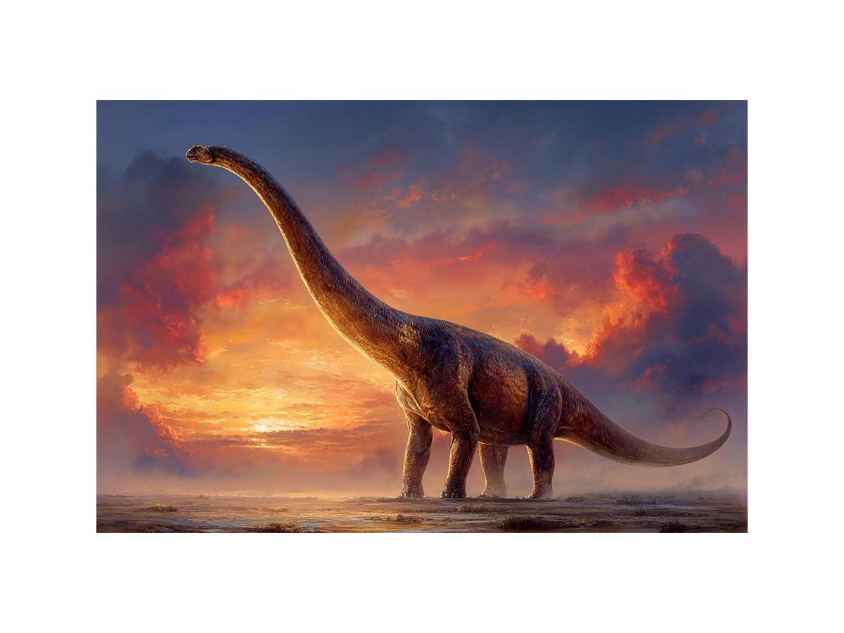 Dinosaur sunset canvas art with dramatic sky for kids room or office decor.