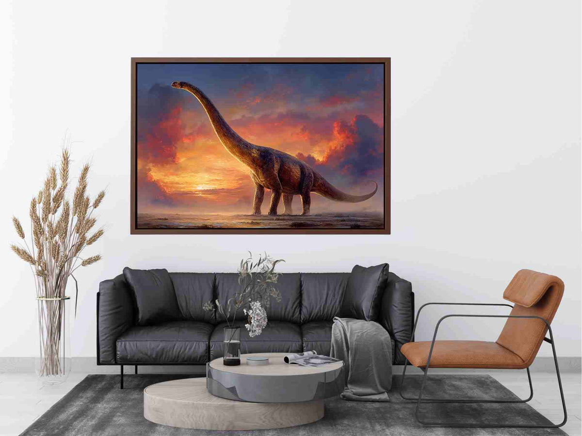 Dinosaur sunset canvas art with dramatic sky for kids room or office decor.