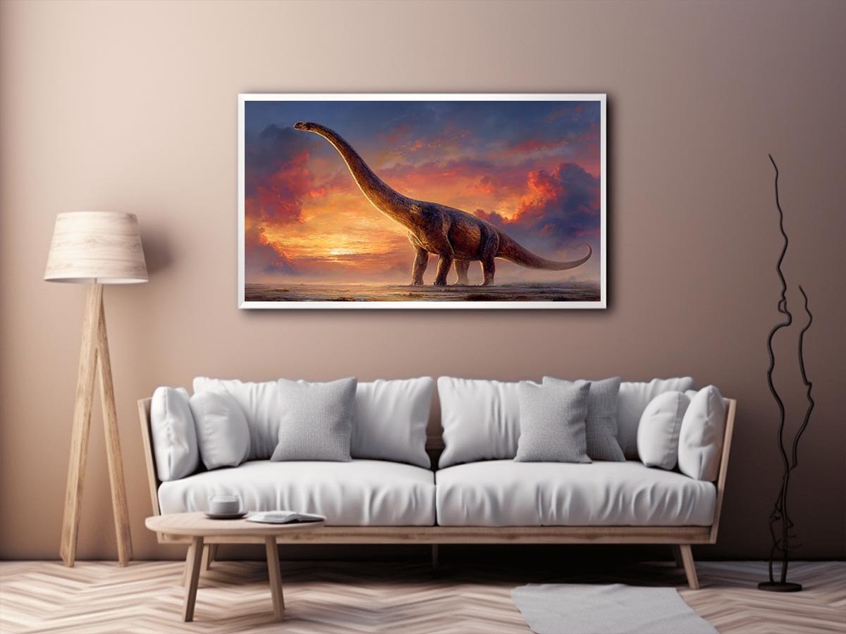 Dinosaur sunset canvas art with dramatic sky for kids room or office decor.