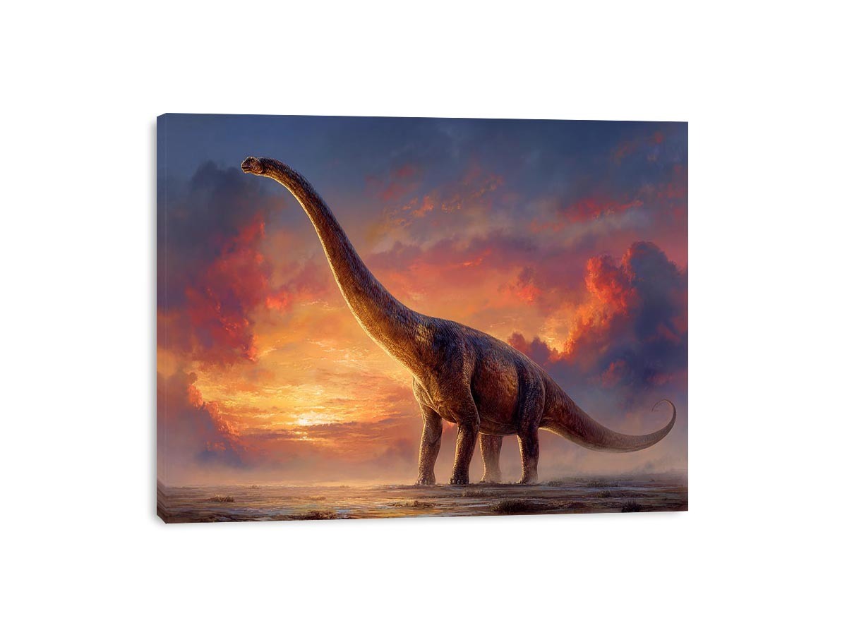 Dinosaur sunset canvas art with dramatic sky for kids room or office decor.