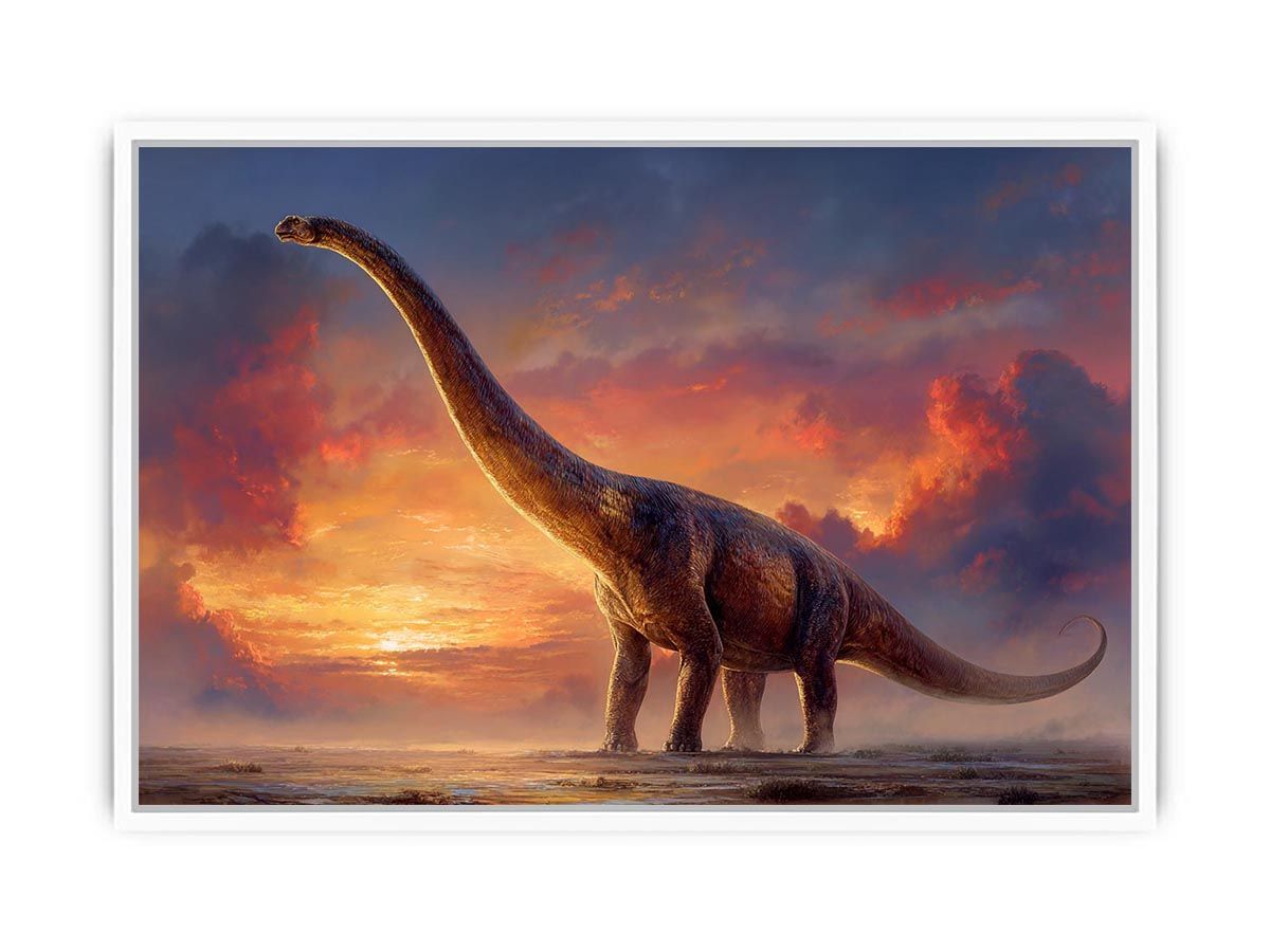 Dinosaur sunset canvas art with dramatic sky for kids room or office decor.