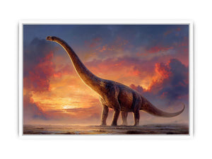 Dinosaur sunset canvas art with dramatic sky for kids room or office decor.