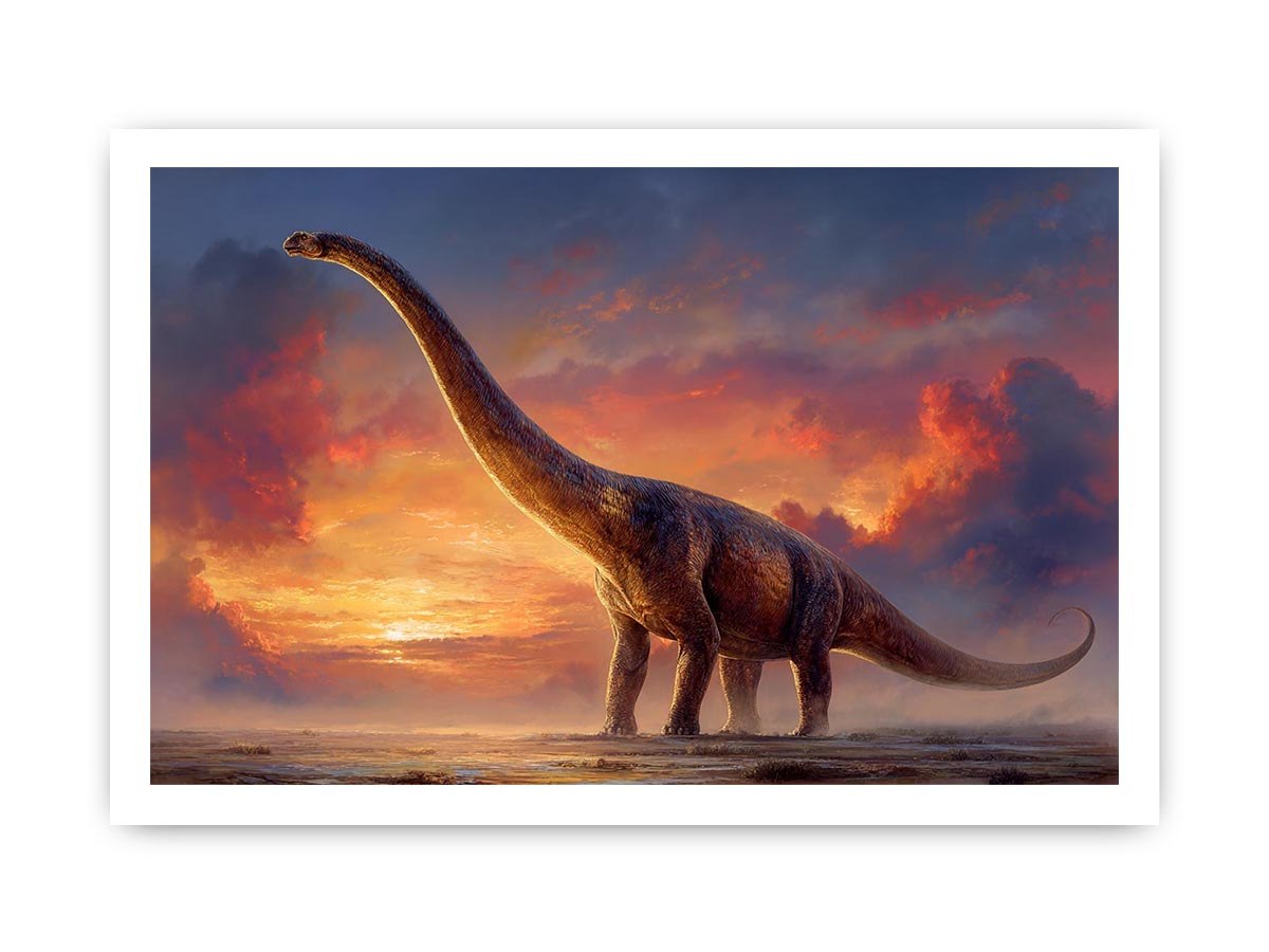 Dinosaur sunset canvas art with dramatic sky for kids room or office decor.