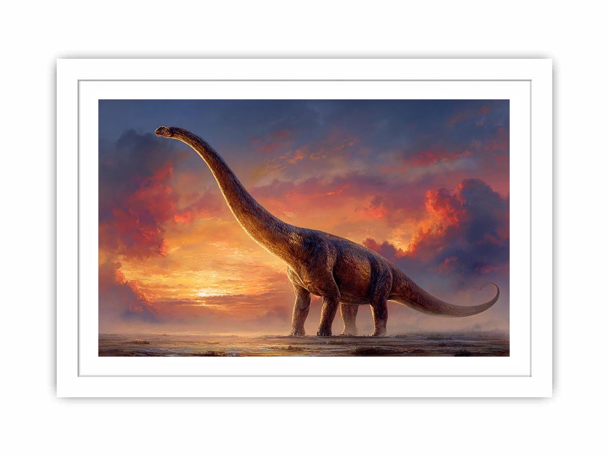 Dinosaur sunset canvas art with dramatic sky for kids room or office decor.