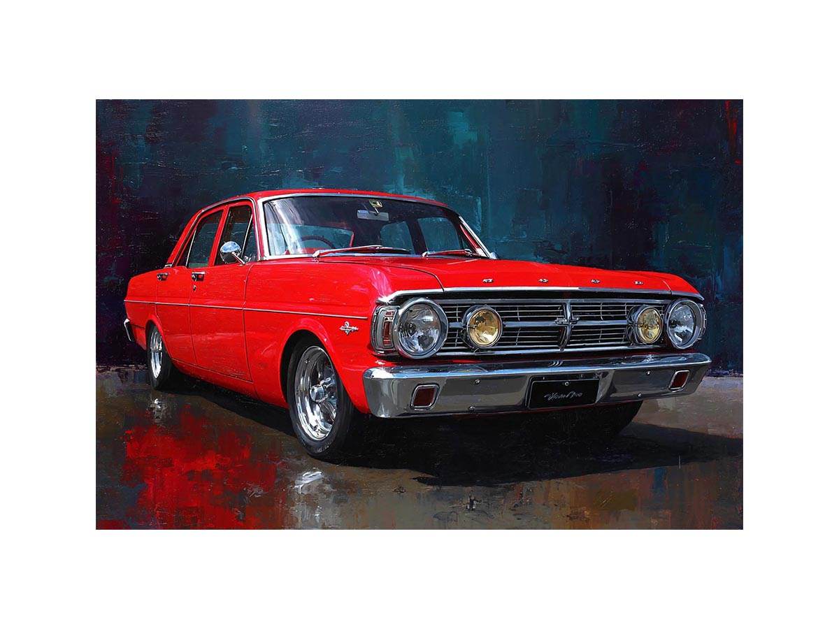 Red classic car canvas art for modern office, mancave, or living room decor.