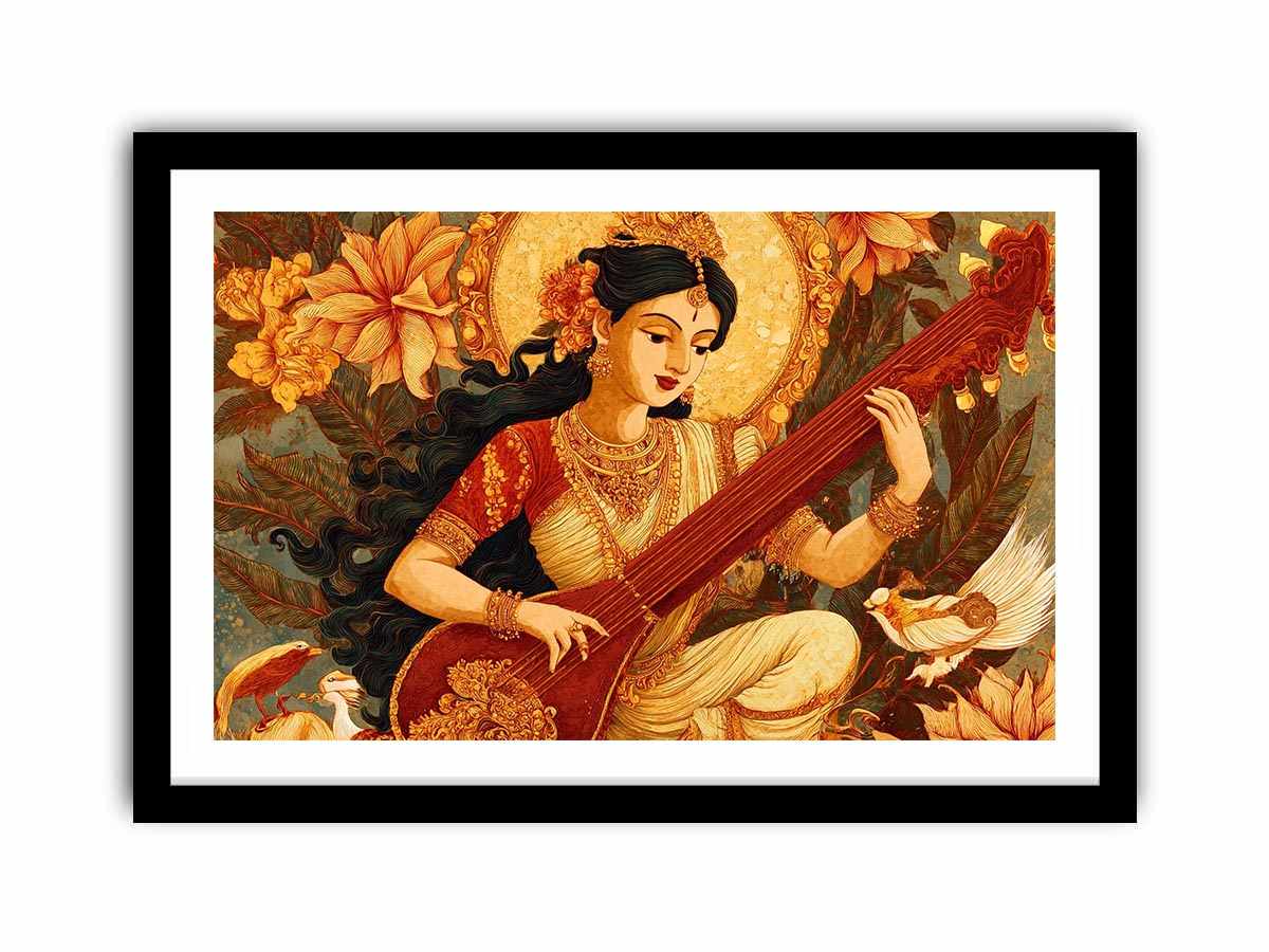 Indian goddess veena canvas art with ornate florals for elegant living room decor.