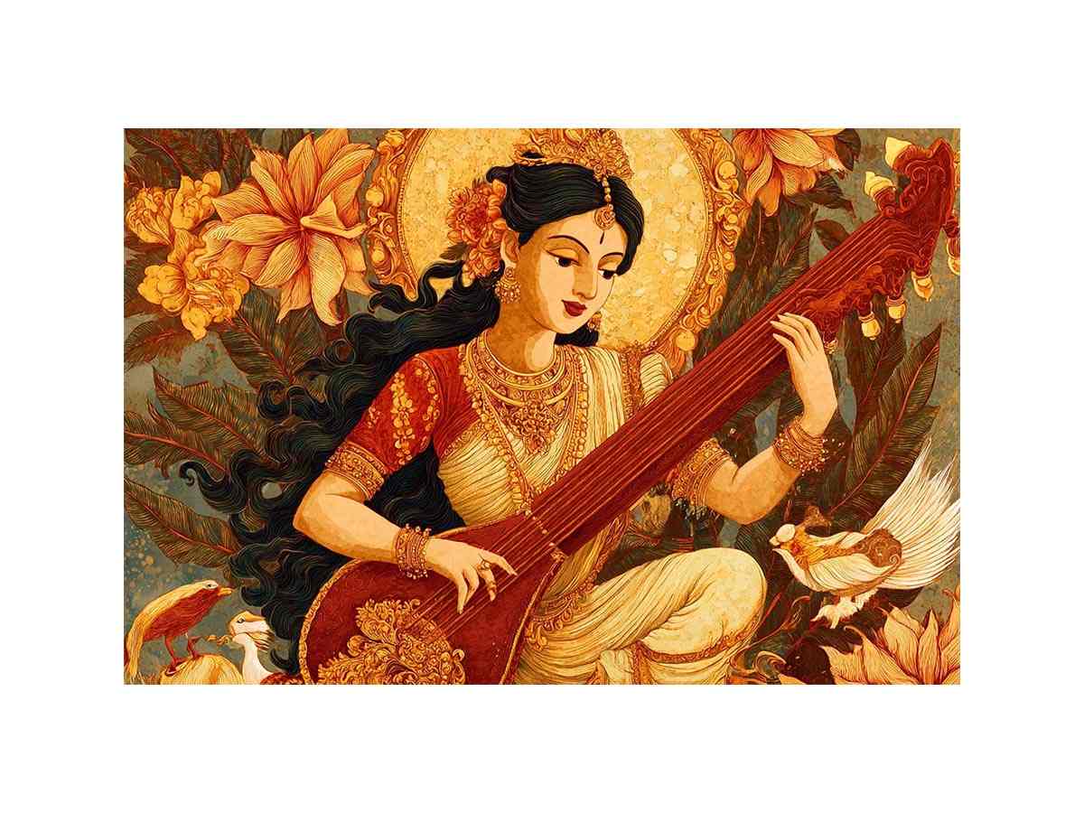 Indian goddess veena canvas art with ornate florals for elegant living room decor.