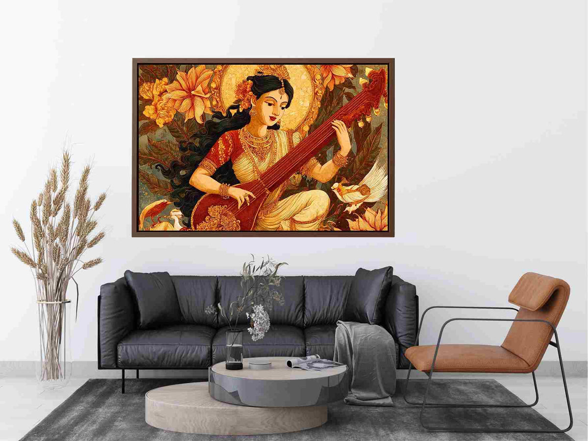 Indian goddess veena canvas art with ornate florals for elegant living room decor.