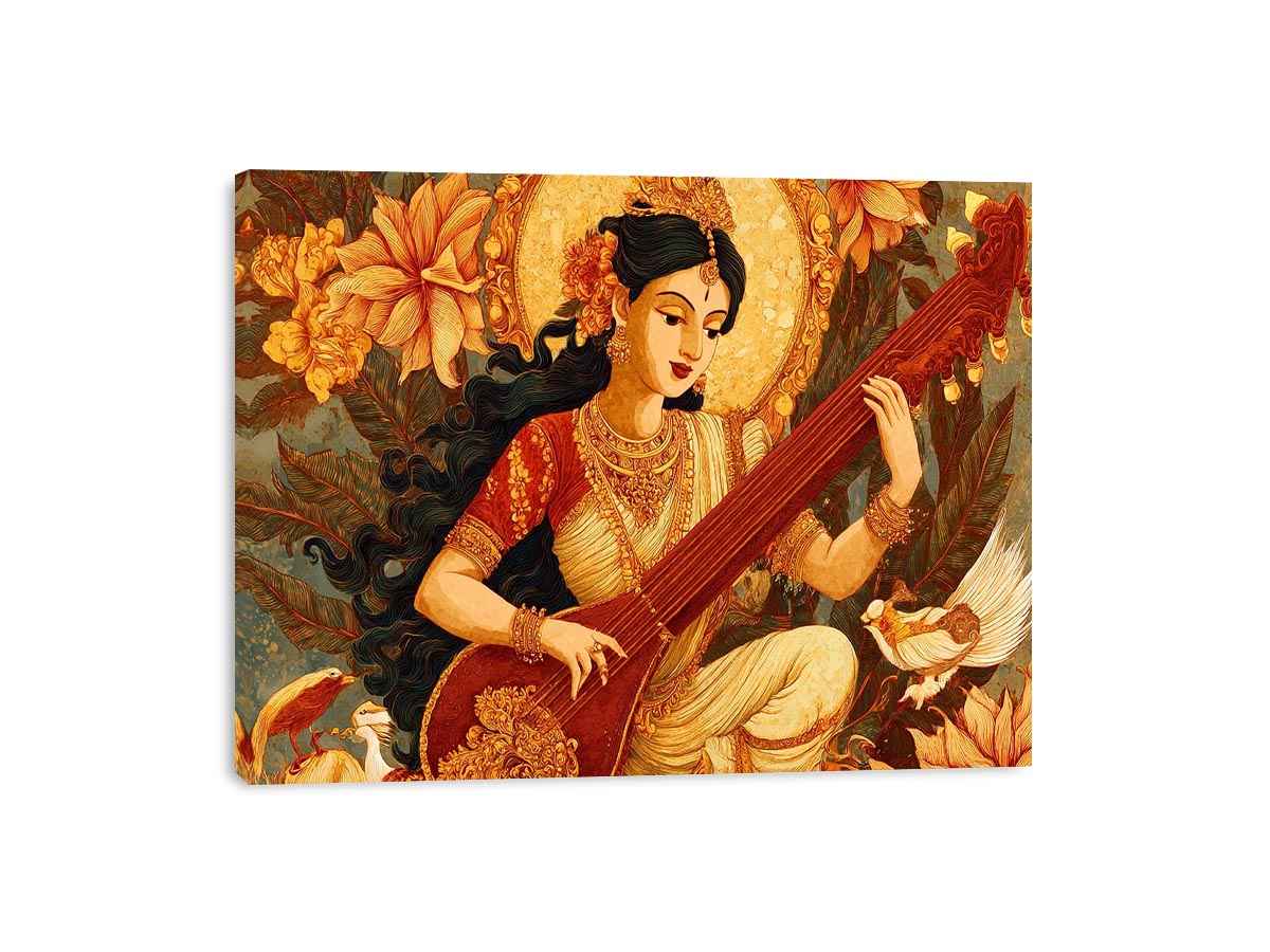 Indian goddess veena canvas art with ornate florals for elegant living room decor.
