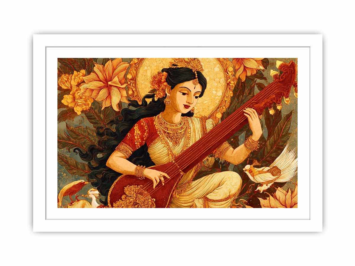 Indian goddess veena canvas art with ornate florals for elegant living room decor.
