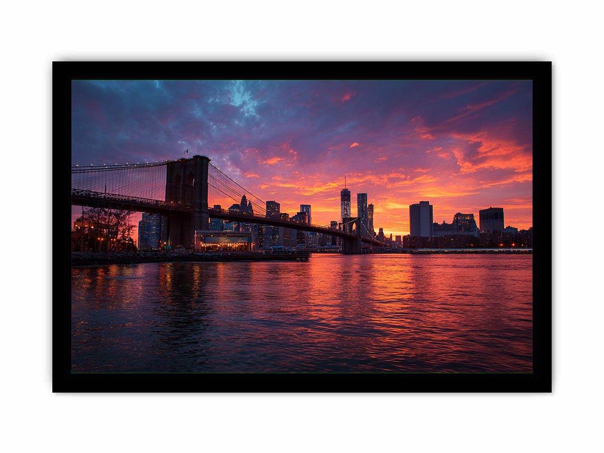Brooklyn Bridge sunset canvas art with skyline reflections for modern living room.
