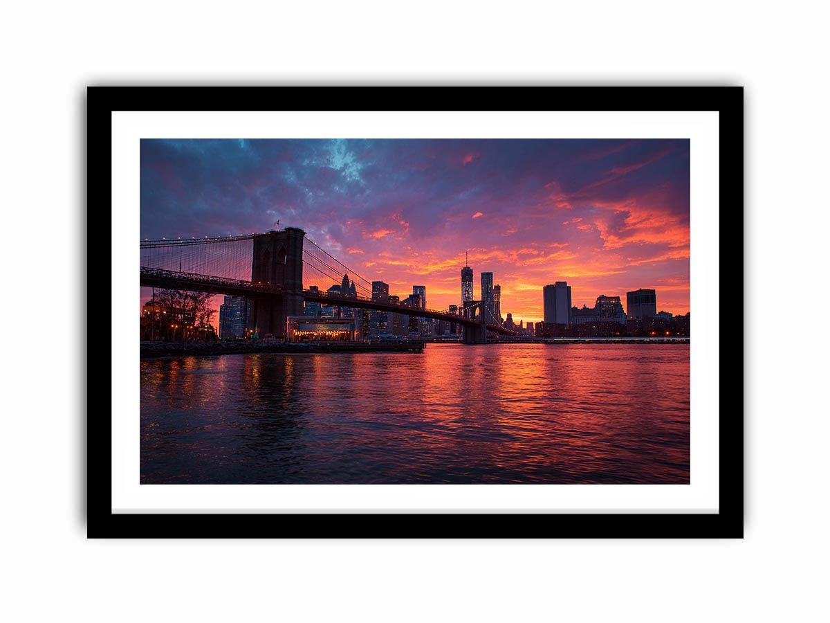 Brooklyn Bridge sunset canvas art with skyline reflections for modern living room.