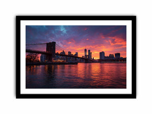 Brooklyn Bridge sunset canvas art with skyline reflections for modern living room.