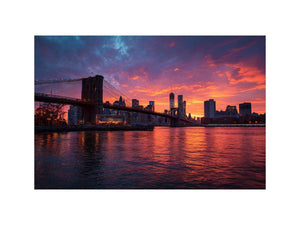 Brooklyn Bridge sunset canvas art with skyline reflections for modern living room.