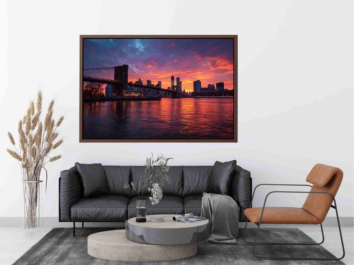 Brooklyn Bridge sunset canvas art with skyline reflections for modern living room.