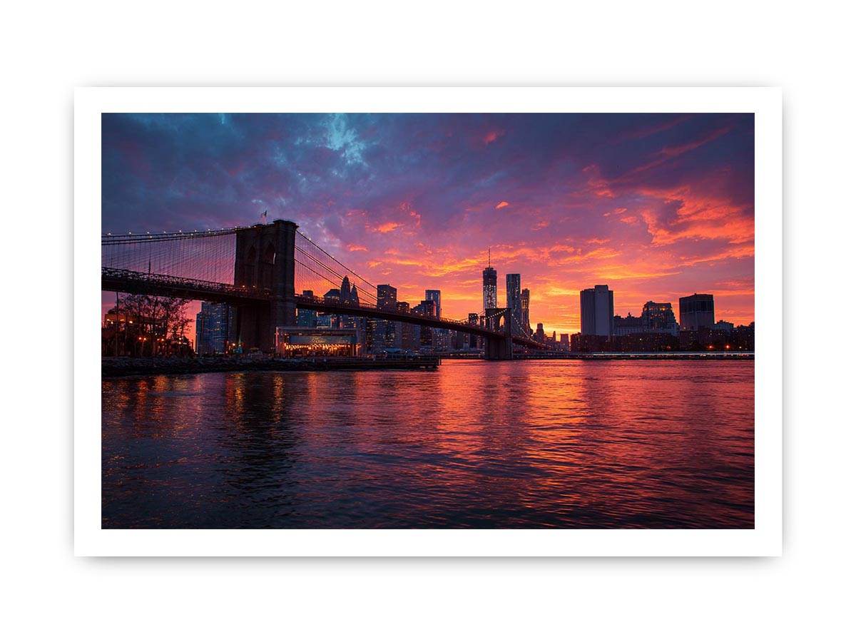 Brooklyn Bridge sunset canvas art with skyline reflections for modern living room.