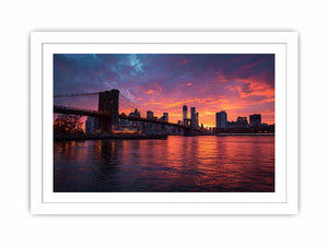 Brooklyn Bridge sunset canvas art with skyline reflections for modern living room.