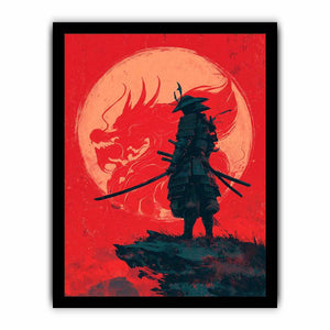 Samurai dragon canvas art in red and black for bold bedroom or office decor.