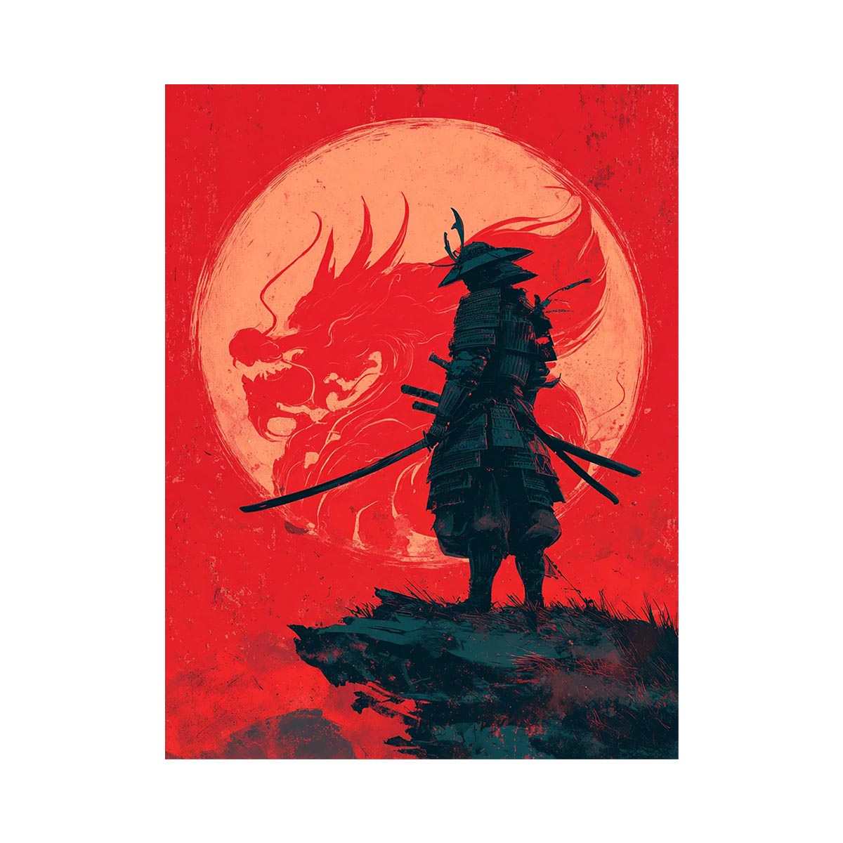 Samurai dragon canvas art in red and black for bold bedroom or office decor.